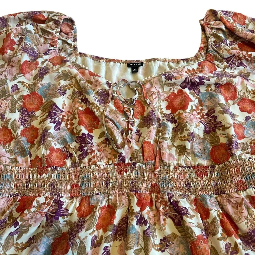Torrid Colorful Floral Print Blouse Top Shirt Smocked Waist Short Sleeve Size 4x